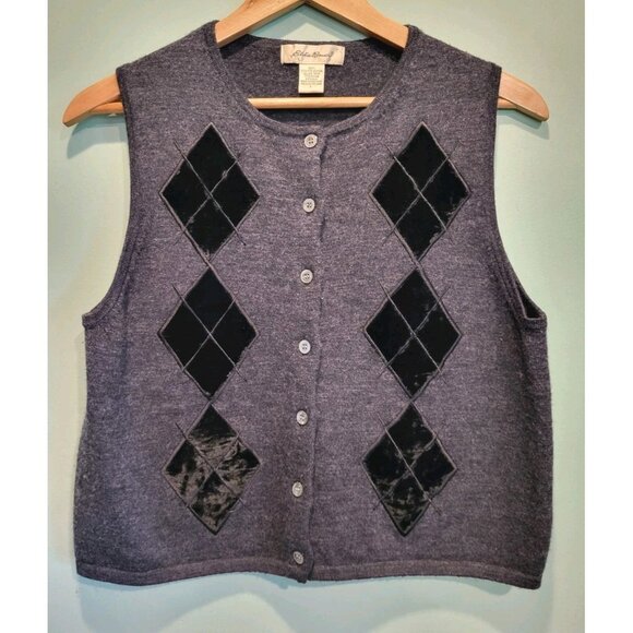 Vtg Black Gray Merino Wool Velvet Argyle Dark Academia Preppy Button Up Vest  L - Picture 1 of 6